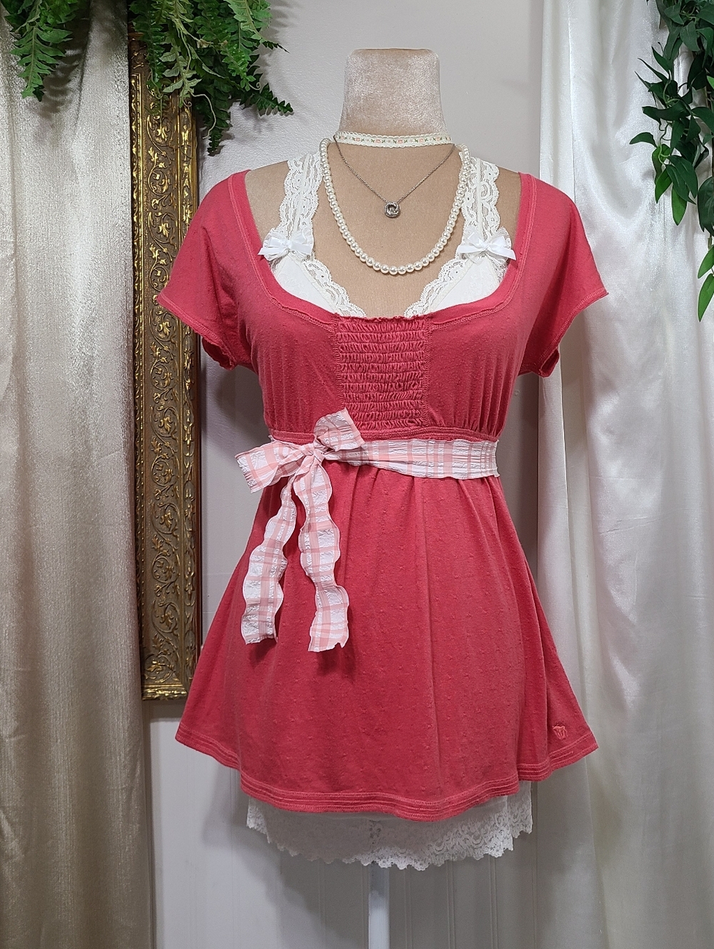 ♡ Y2K ♡ Abercrombie Coral Red Babydoll Top Empire Waist Short Sleeve
